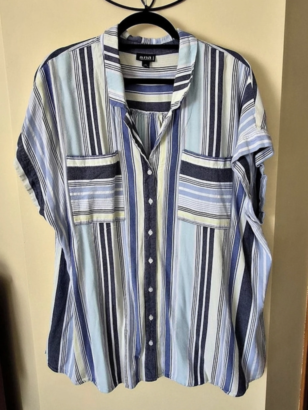 a.n.a Striped Button Down Top in Blue & Green Size 2X